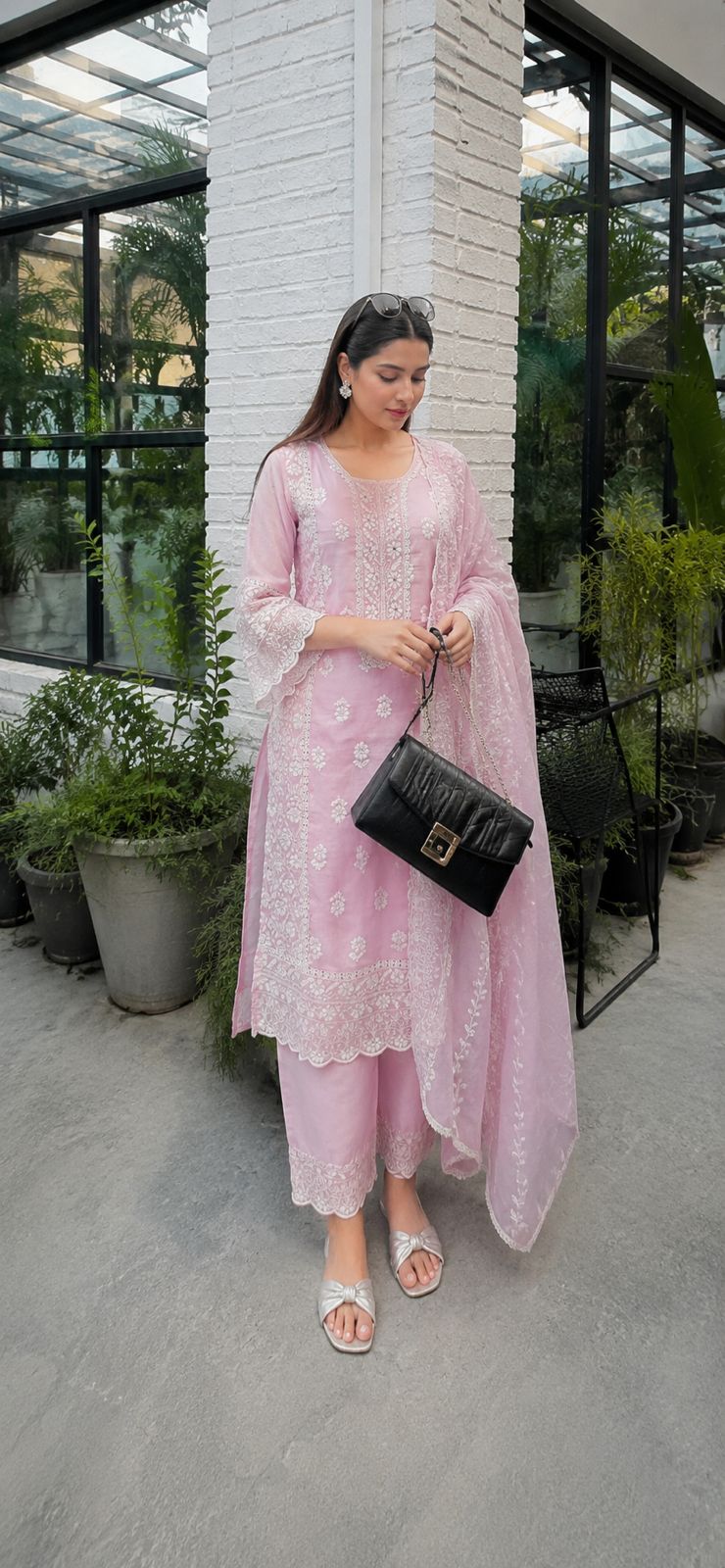 Pink Peony Embroidered Mul-Cotton Pant Set