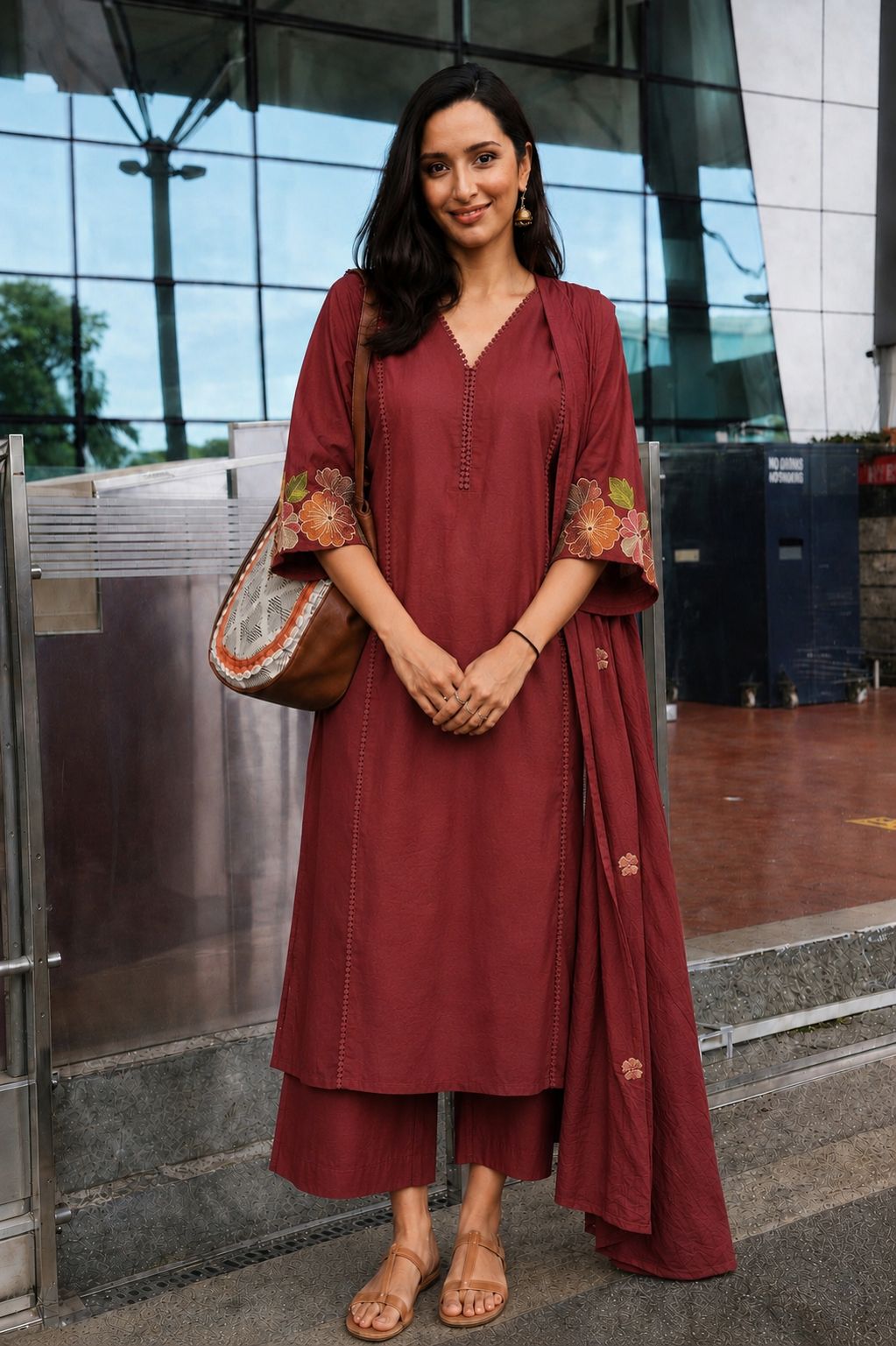 Rust Flora Embroidered Cotton Pant Set