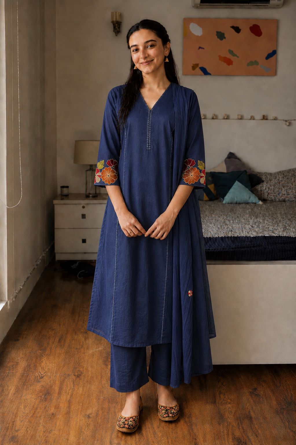 Indigo Flora Embroidered Cotton Pant Set