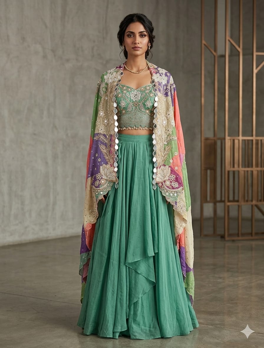 Mint Bloom Embellished Crepe Silk Skirt Set