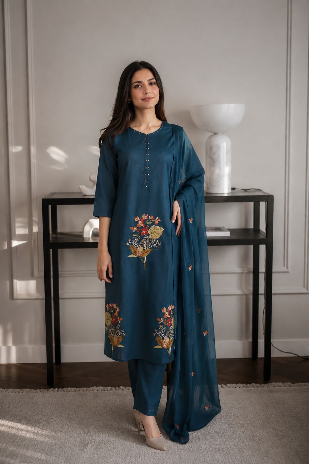 Teal Meadow Printed Cotton Pant Set