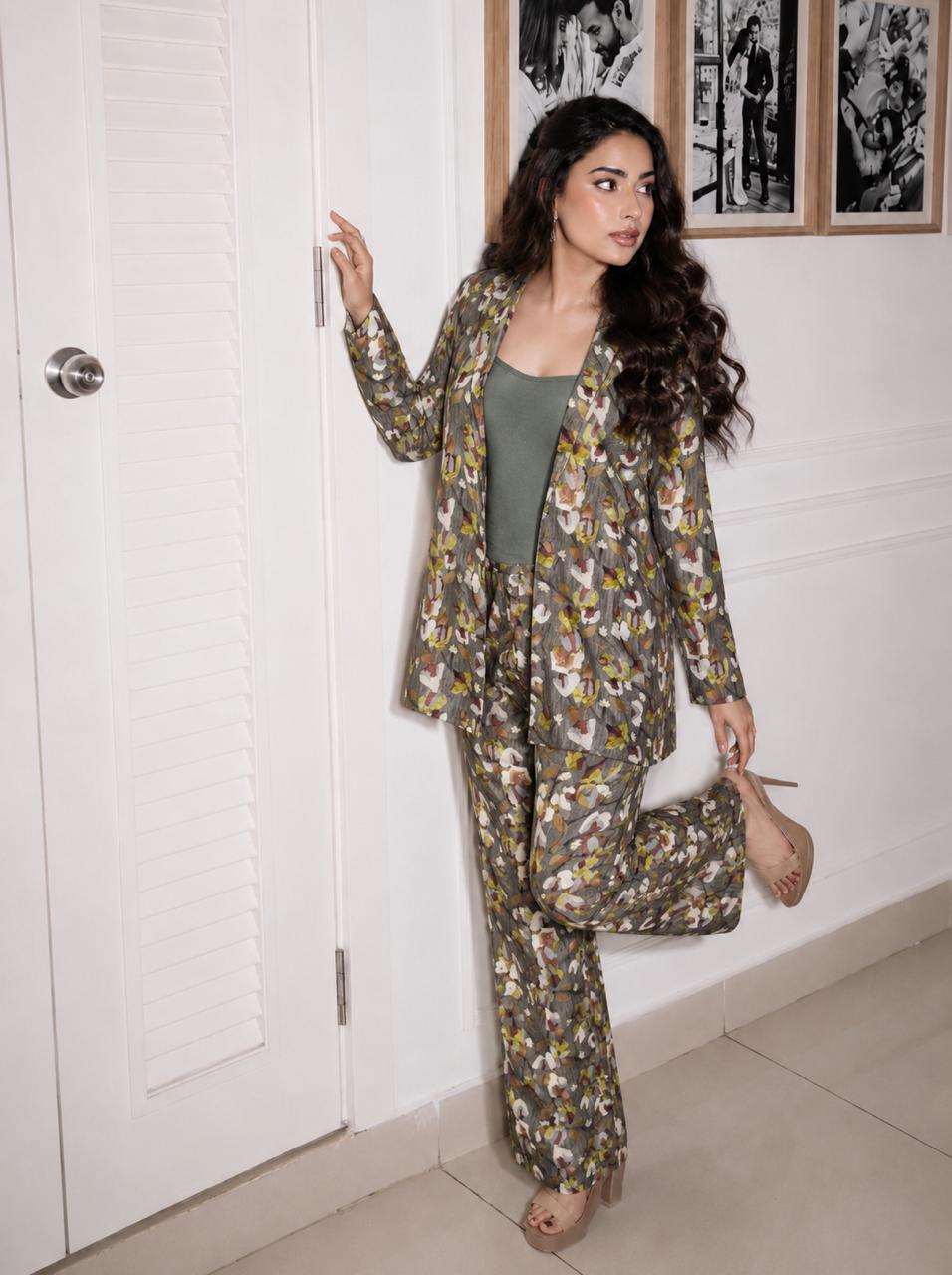 Abstract Camo Printed Muslin Silk Pant Set