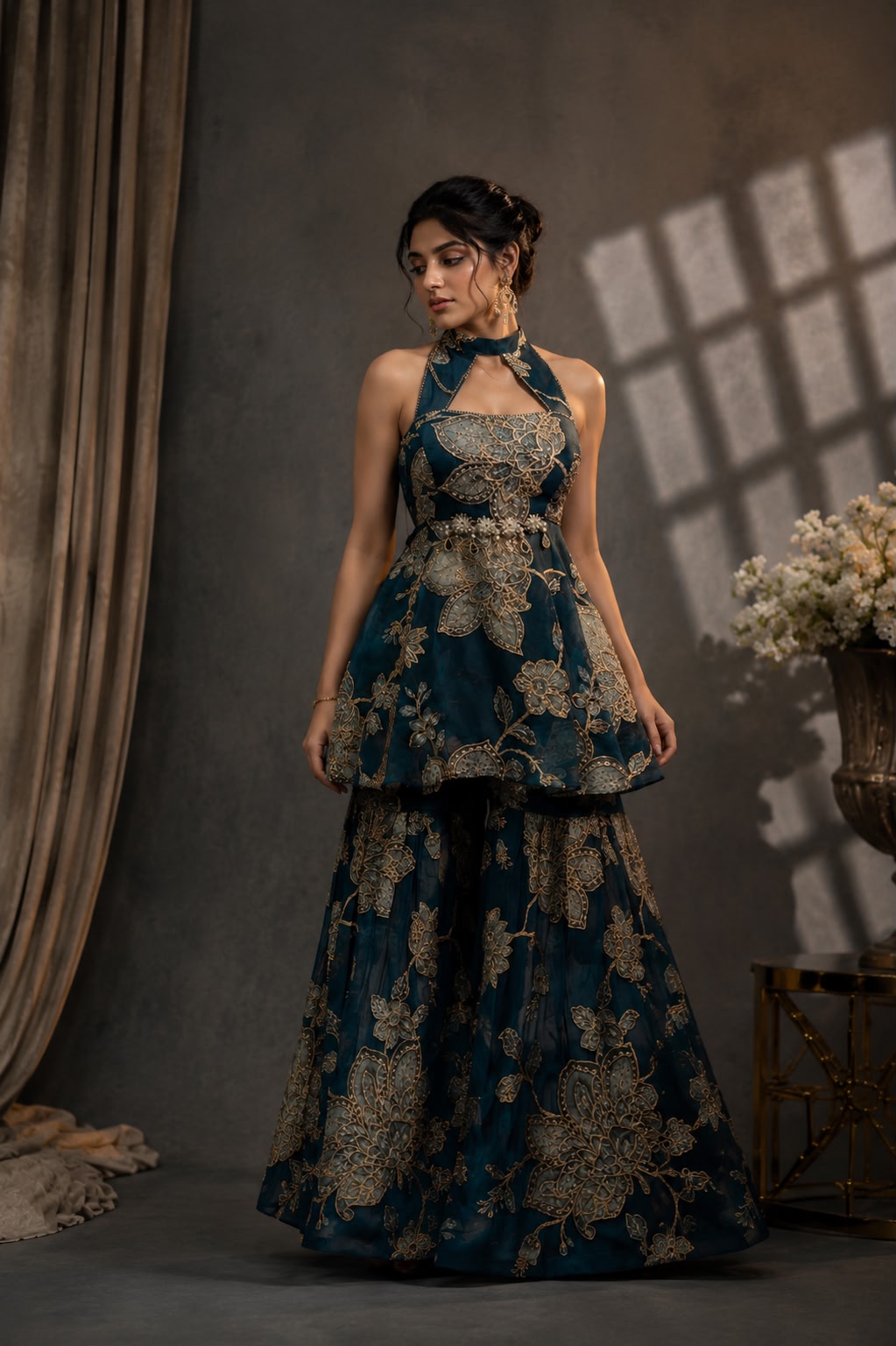 Imperial Teal Embellished Organza Palazzo Set
