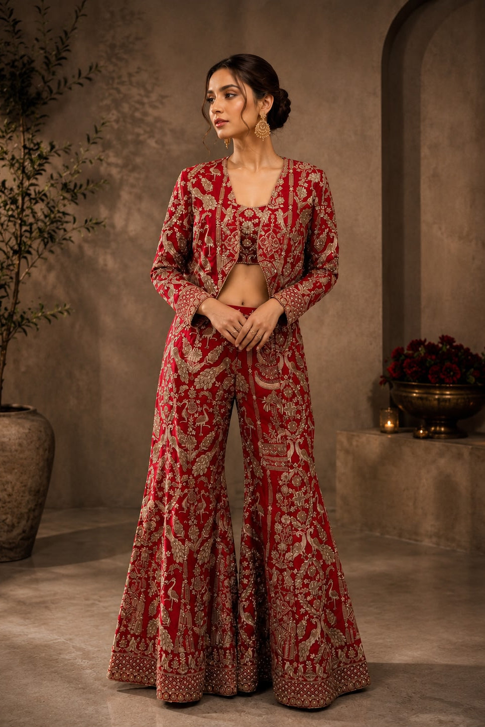 Royal Scarlet Embroidered Georgette Silk Sharara Set