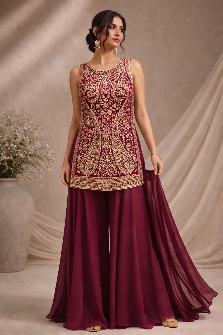 Maroon Embellished Georgette Silk Palazzo Set