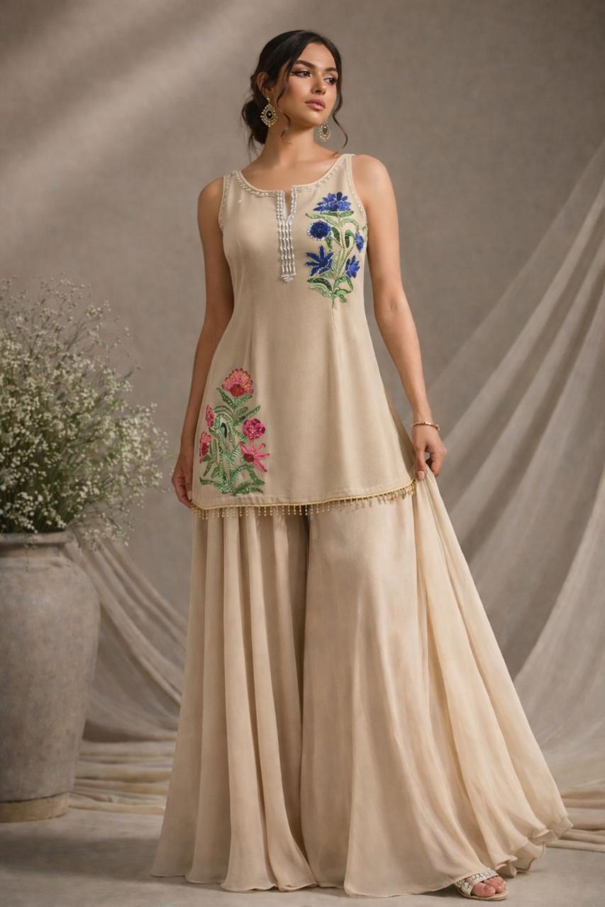 Nude Cream Embroidered Georgette Silk Palazzo Set