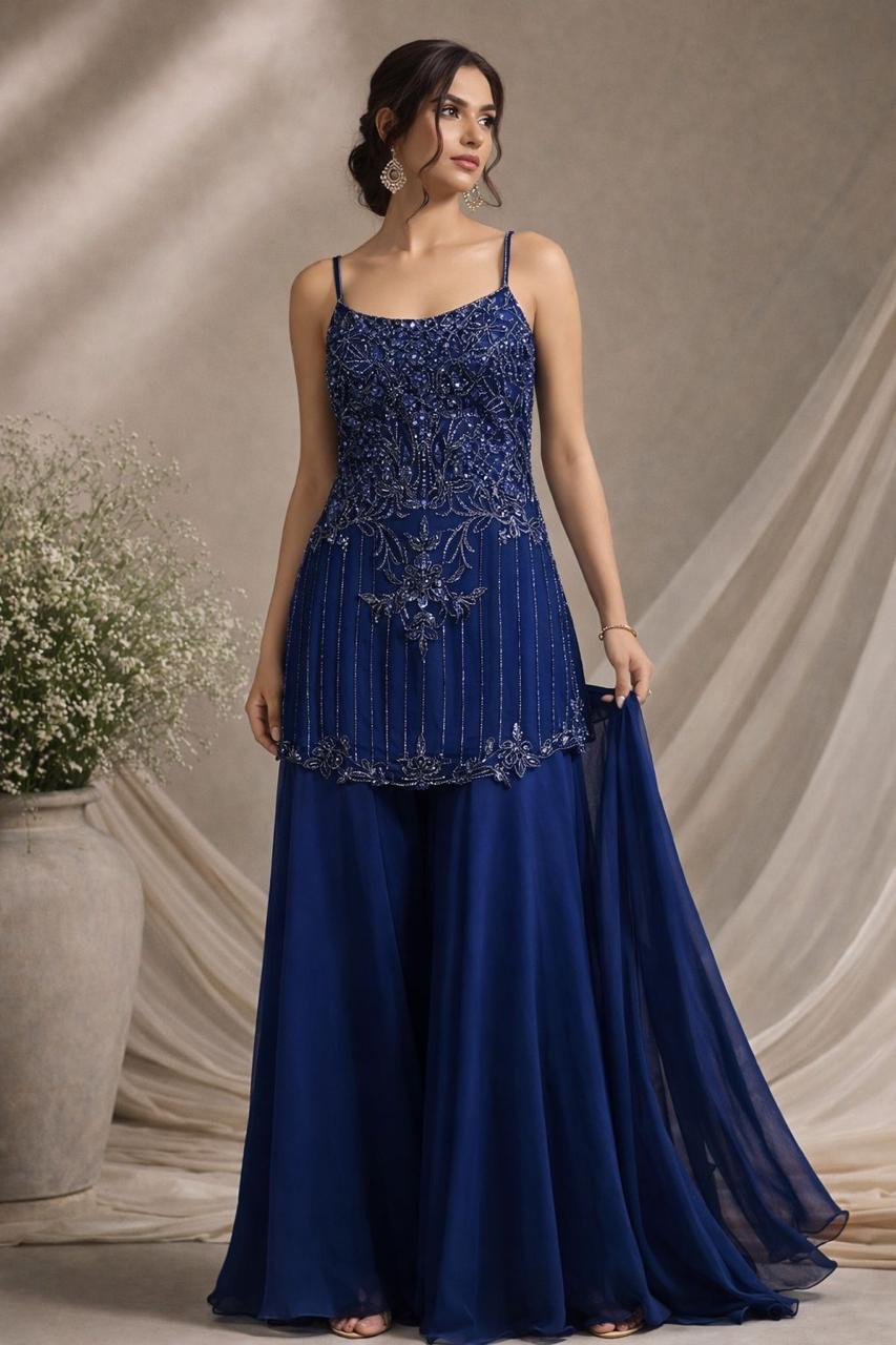 Royal Blue Embellished Georgette Silk Palazzo Set