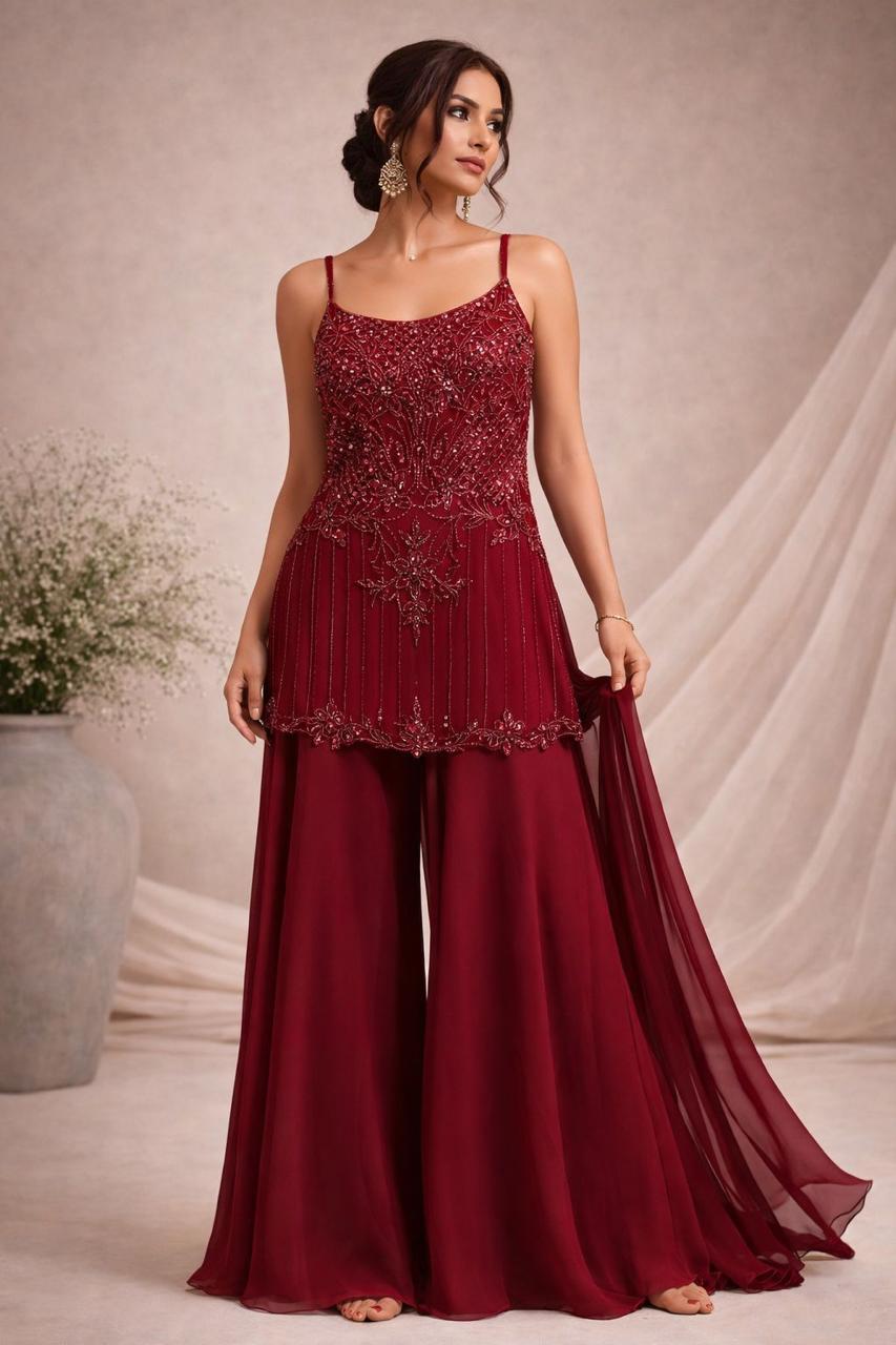 Crimson Embellished Georgette Silk Palazzo Set