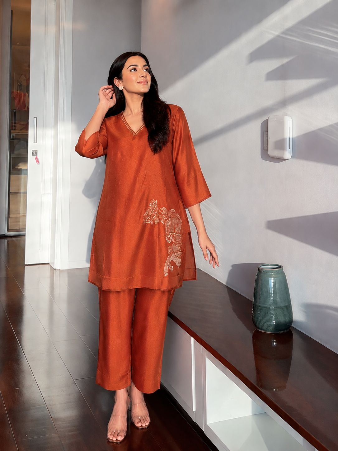 Terracotta Equine Embroidered Crepe Silk Co-Ord Set