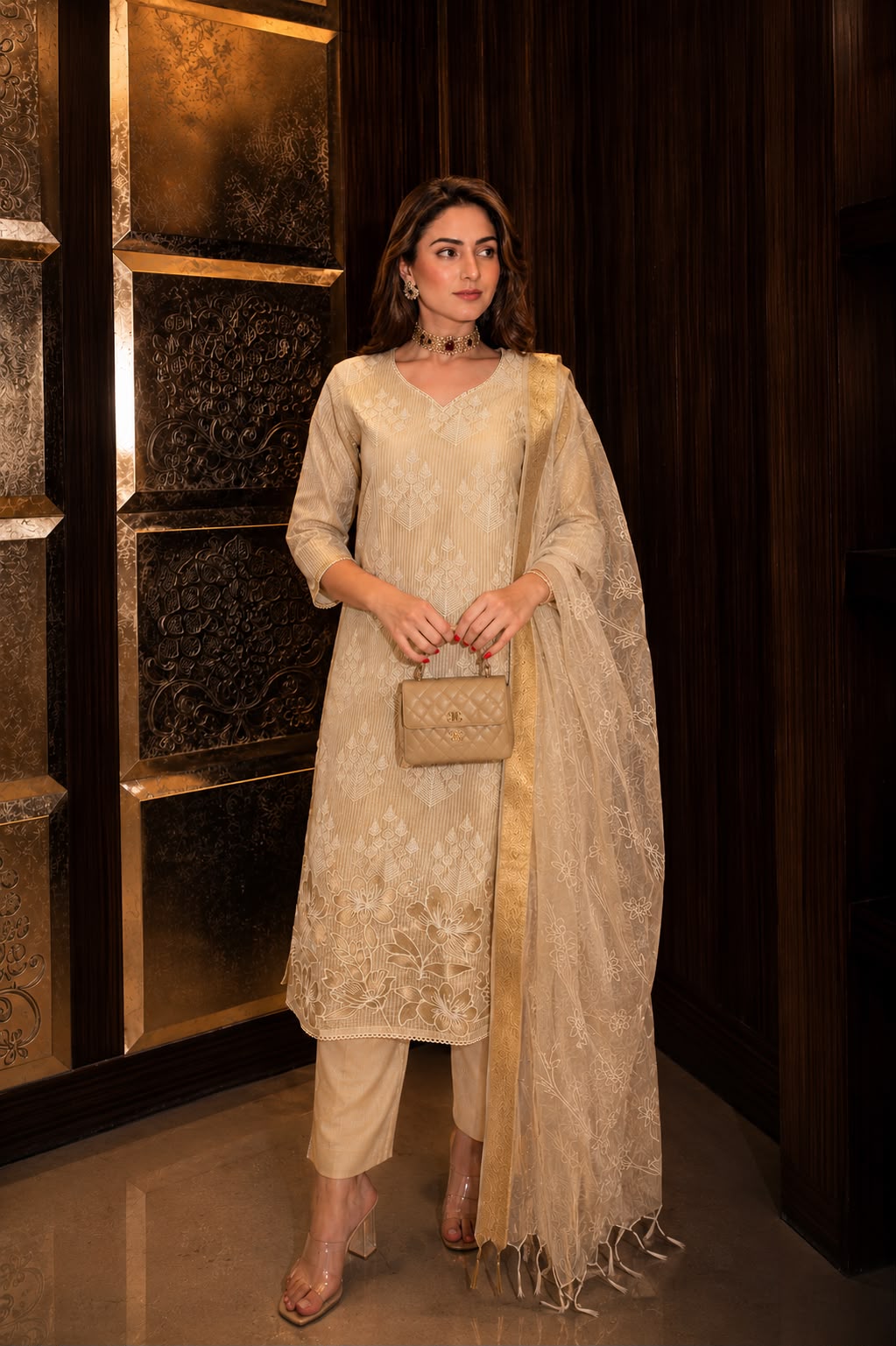 Light Gold Embroidered Kota Doria Silk Pant Set