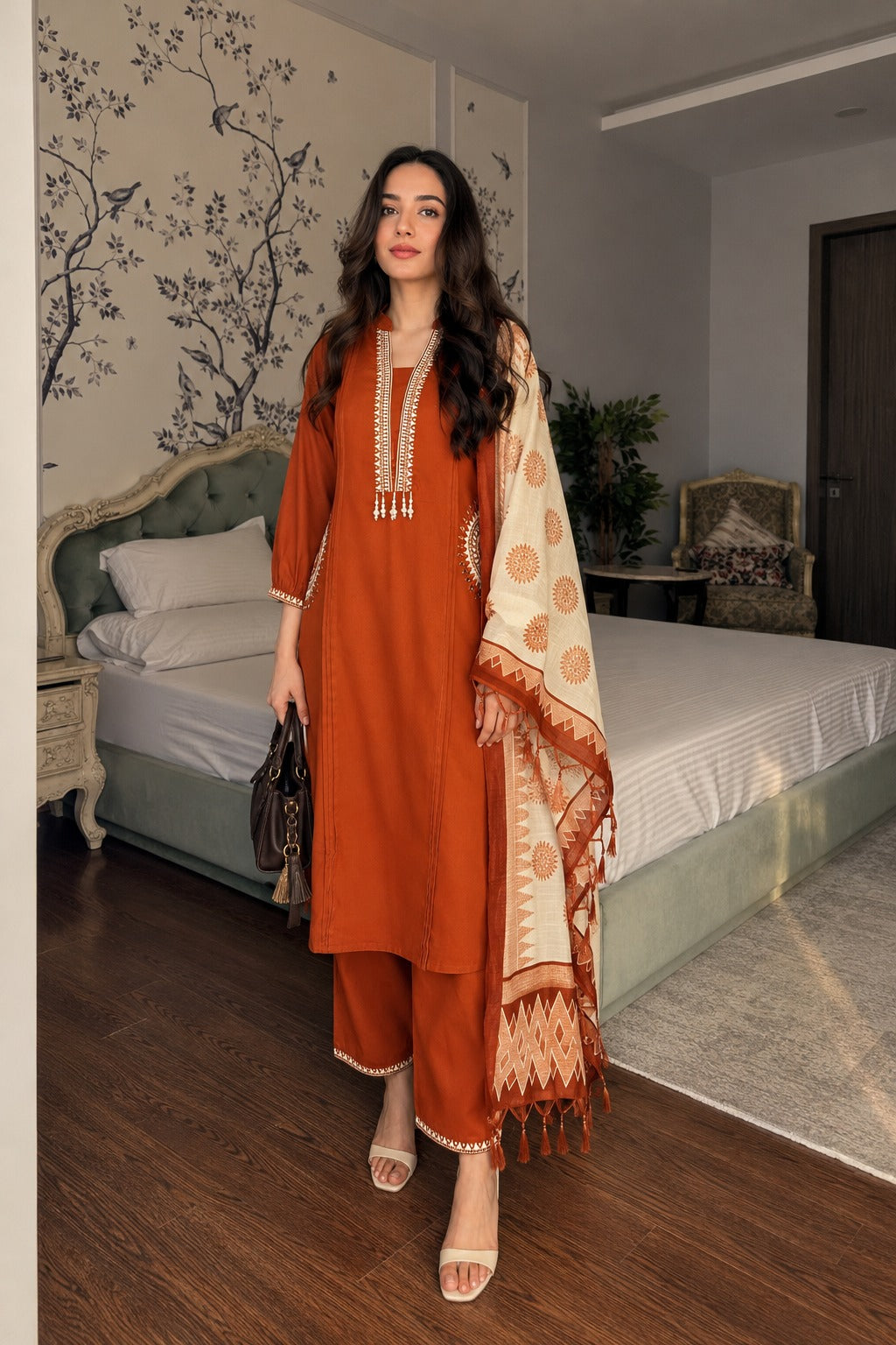 Burnt Orange Embroidered Cotton Palazzo Set