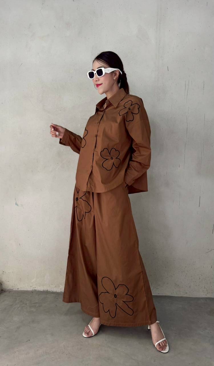 Camel Brown Embroidered Cotton Co-Ord Set