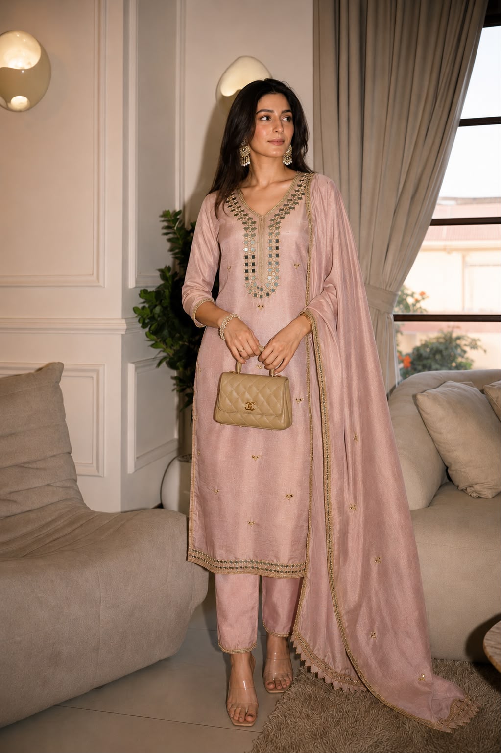 Blush Pink Embellished Shimmer Tissue Silk Pant Set