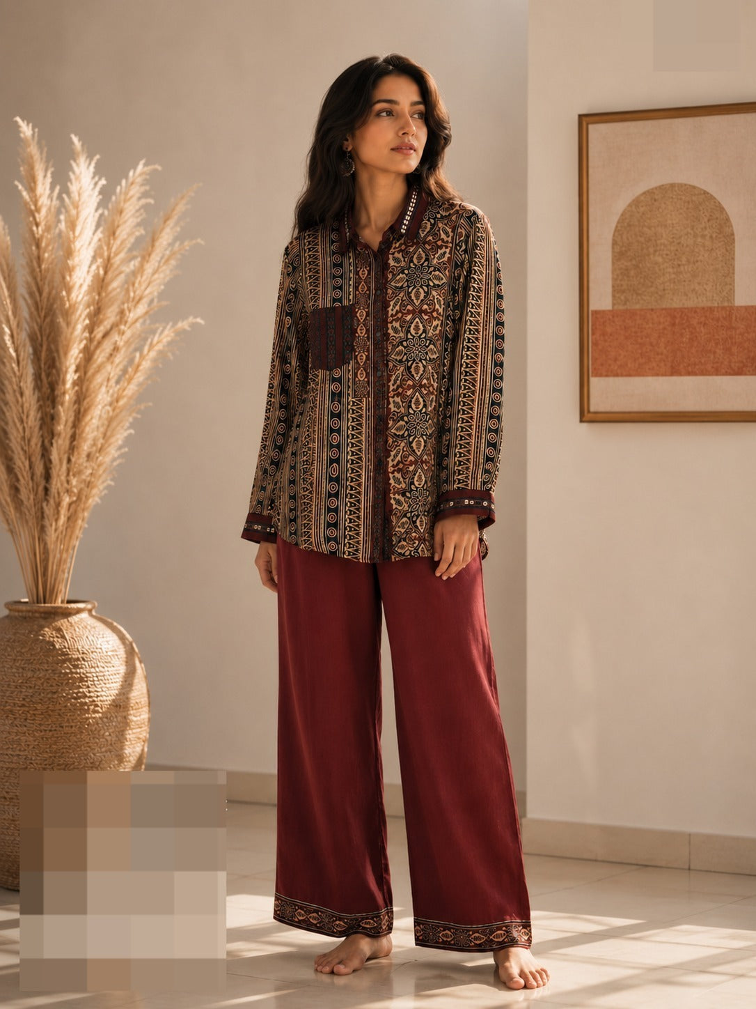 Maroon Printed Muslin Silk Co-Ord Set