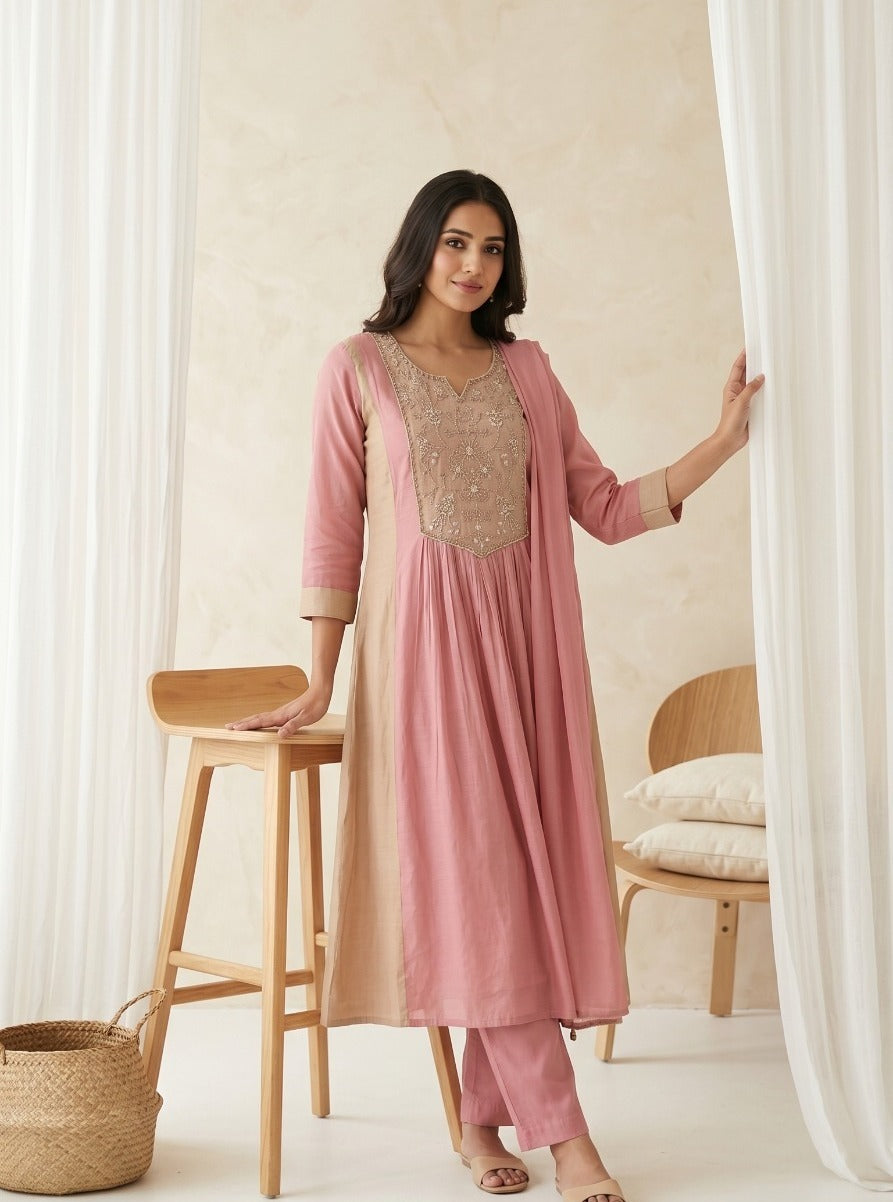 Pastel Blossom Embellished Crepe Silk Anarkali Set