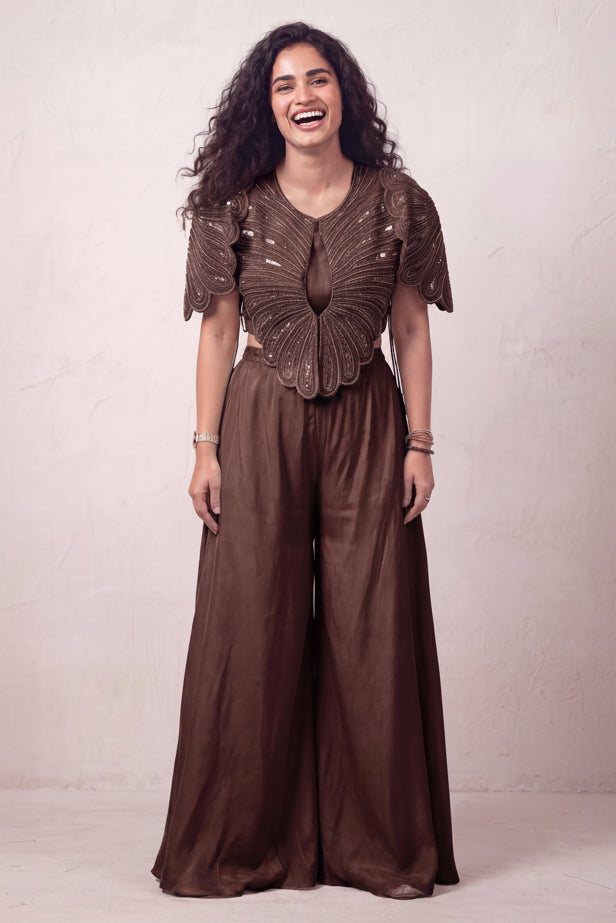 Chocolate Brown Embellished Satin Silk Co-Ord Set