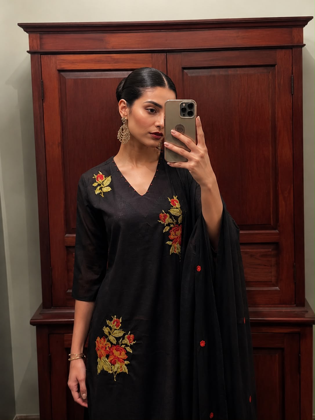 Charcoal Convent Embroidered Cotton Pant Set