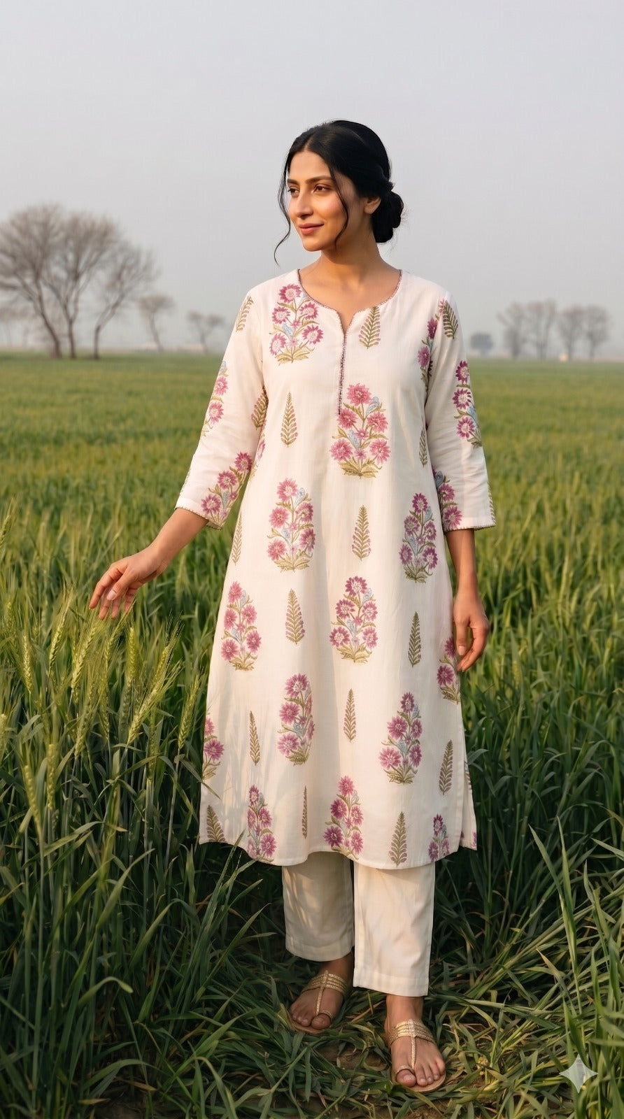 Ivory Dahlia Printed Cotton Kurta Set