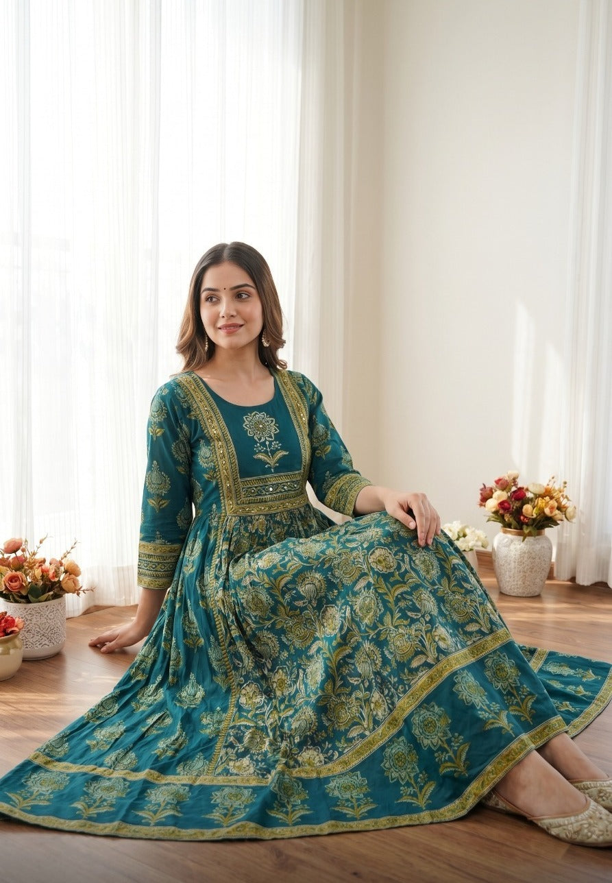 Teal Radiant Printed Cotton Anarkali Set