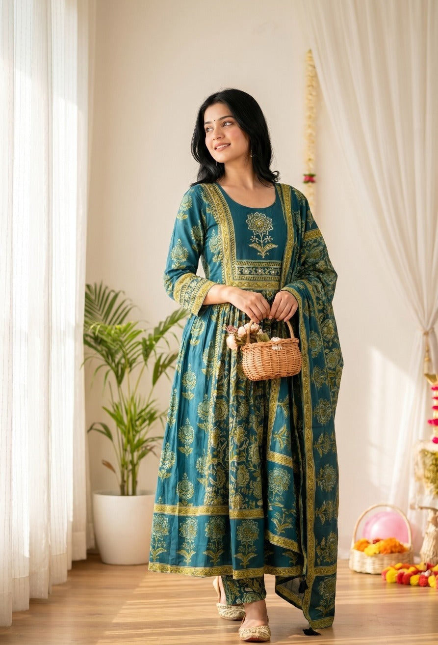 Teal Radiant Printed Cotton Anarkali Set