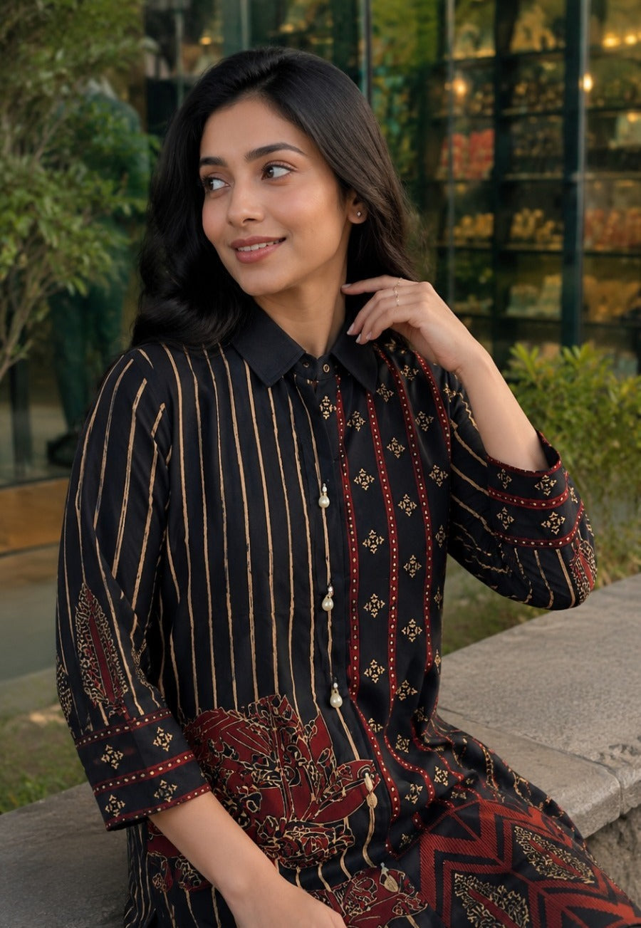 Midnight Ajrakh Printed Crepe Silk Co-Ord Set