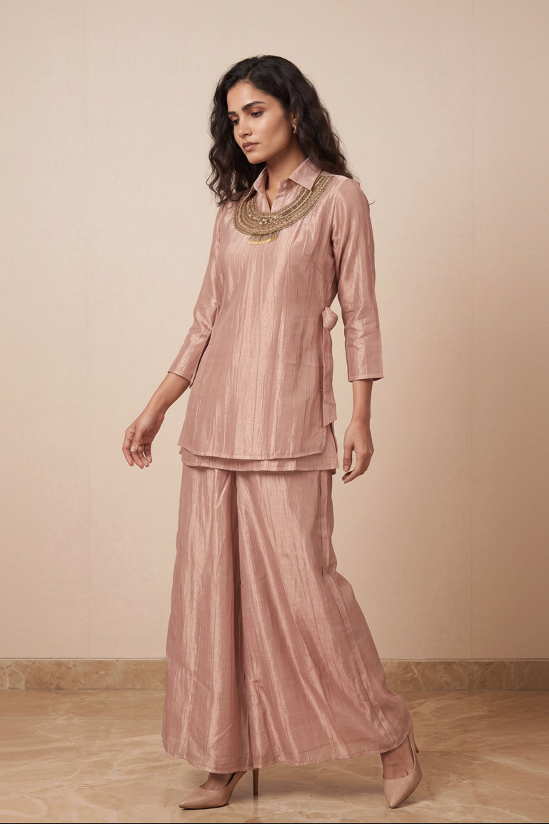 Rose Gold Embellished Crushed Tissue Silk Co-Ord Set
