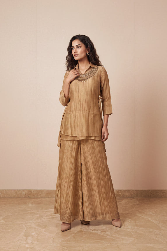 Antique Gold Embellished Crushed Tissue Silk Co-Ord Set
