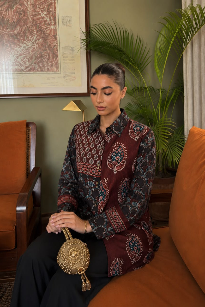 Deep Maroon Printed Crepe Silk Ajrakh Shirt