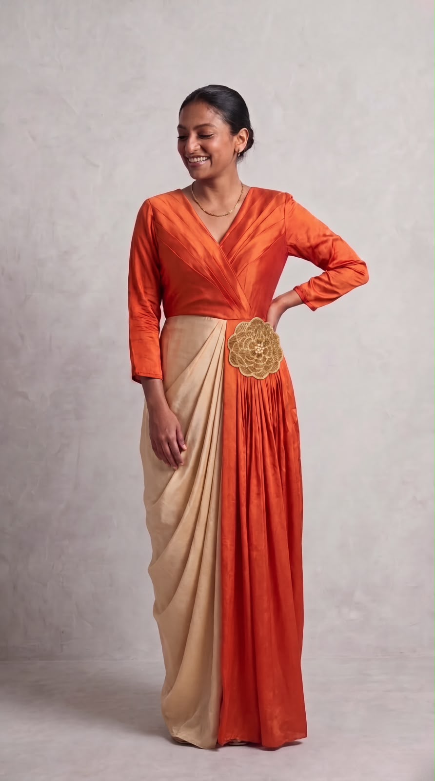 Rust Orange & Beige Draped Satin Silk Dress