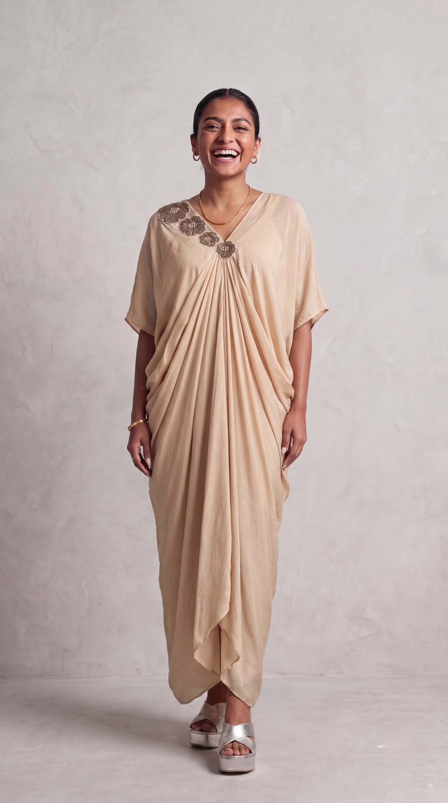 Elara Solid Embellished Crepe Silk Dress