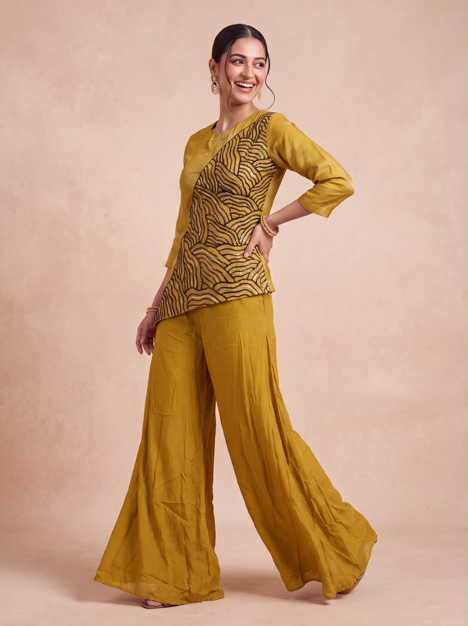 Ochre Embellished Tissue Silk Palazzo Set