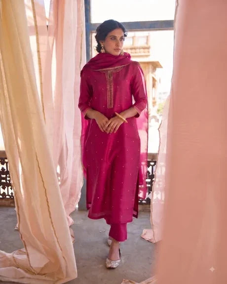Magenta Pink Embellished Mul Chanderi Silk Pant Set