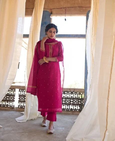 Magenta Pink Embellished Mul Chanderi Silk Pant Set