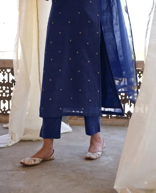 Navy Blue Embellished Mul Chanderi Pant Set