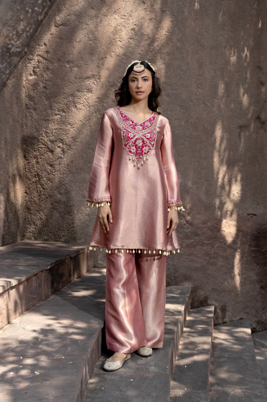 Blush Pink Embellished Tissue Silk Palazzo Set