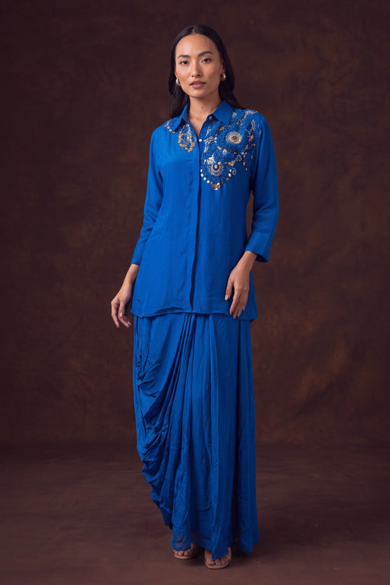 Cobalt Blue Embellished Satin Silk Skirt Set