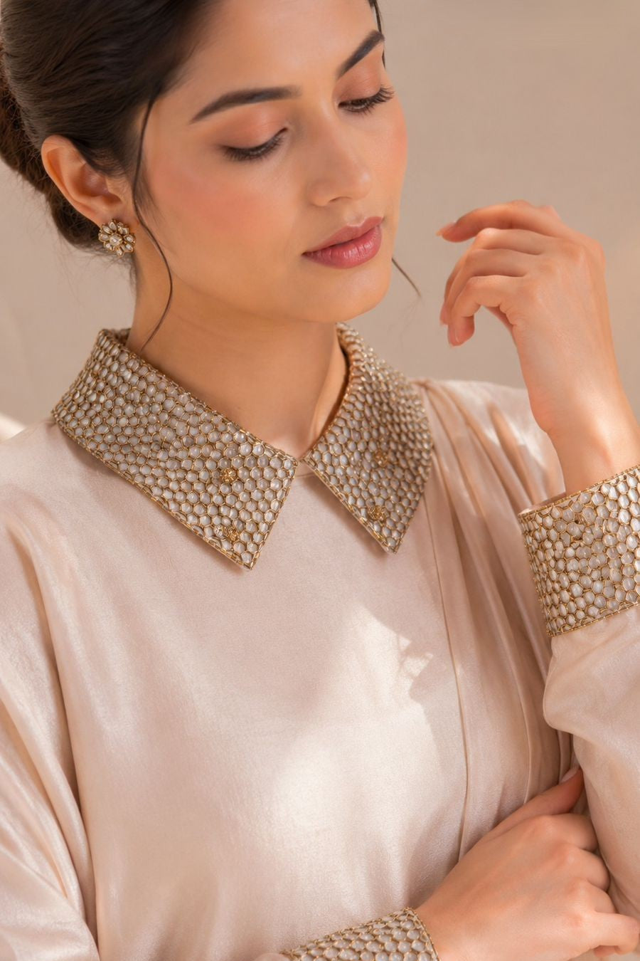 Champagne Pearl Embellished Lattice Draped Gown