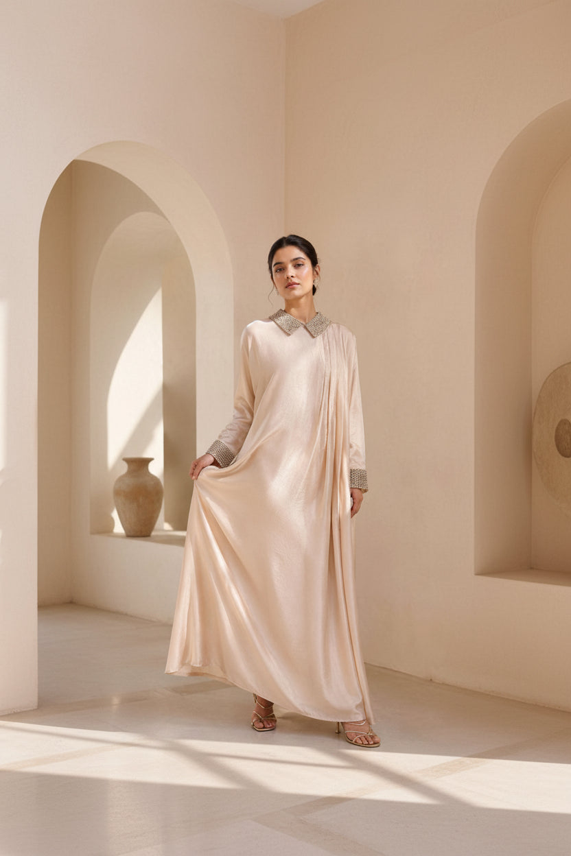 Champagne Pearl Embellished Lattice Draped Gown