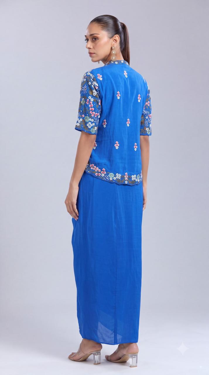 Blue Floral Embellished Crepe Silk Skirt Set