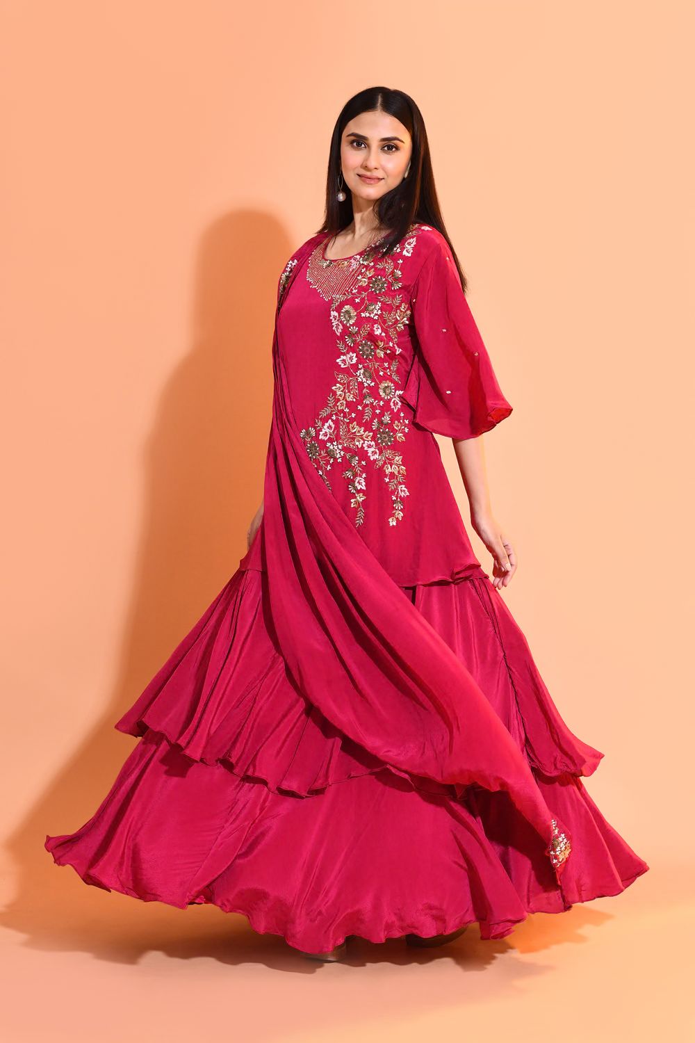 Magenta Floral Embellished Crepe Silk Skirt Set
