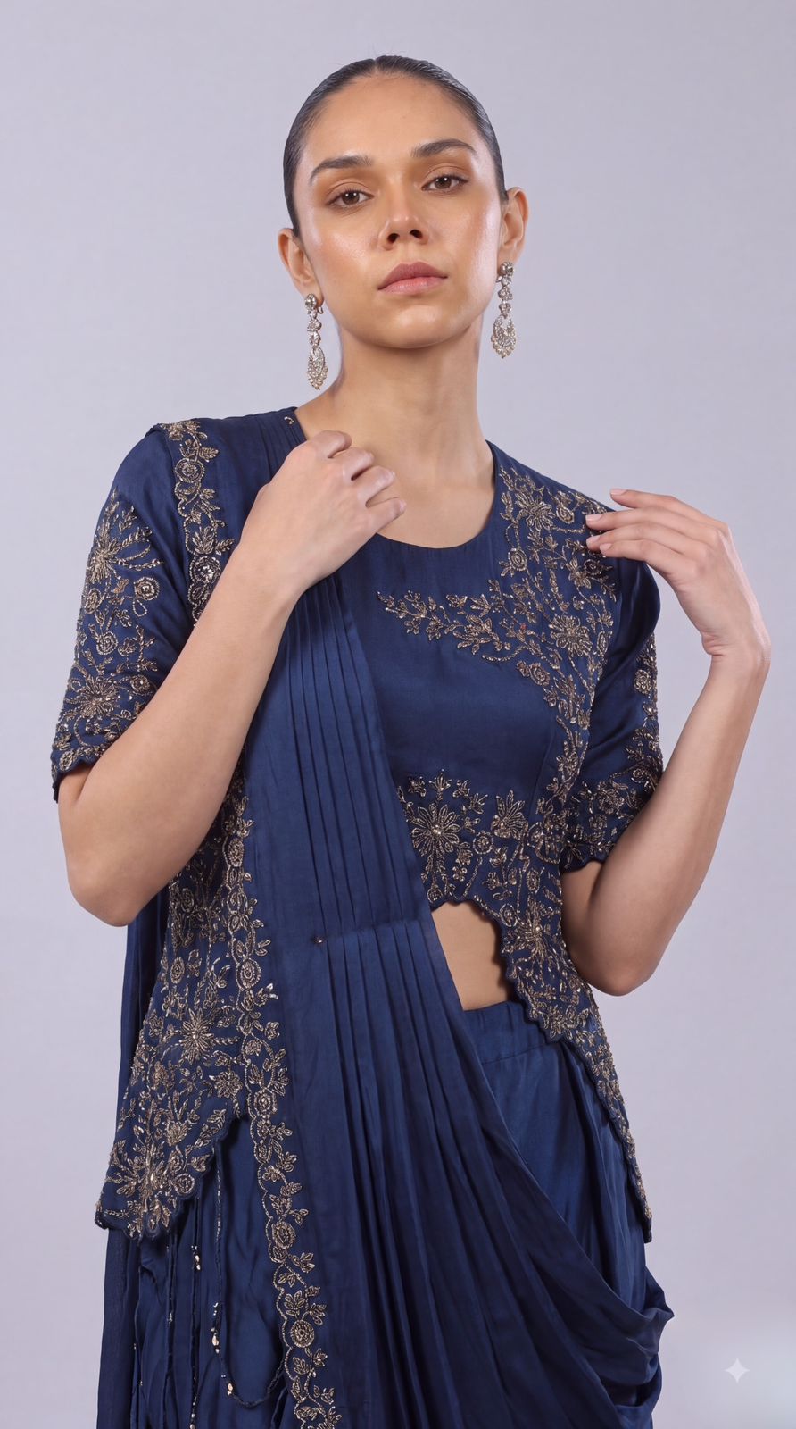 Navy Blue Embellished Satin Silk Draped Saree