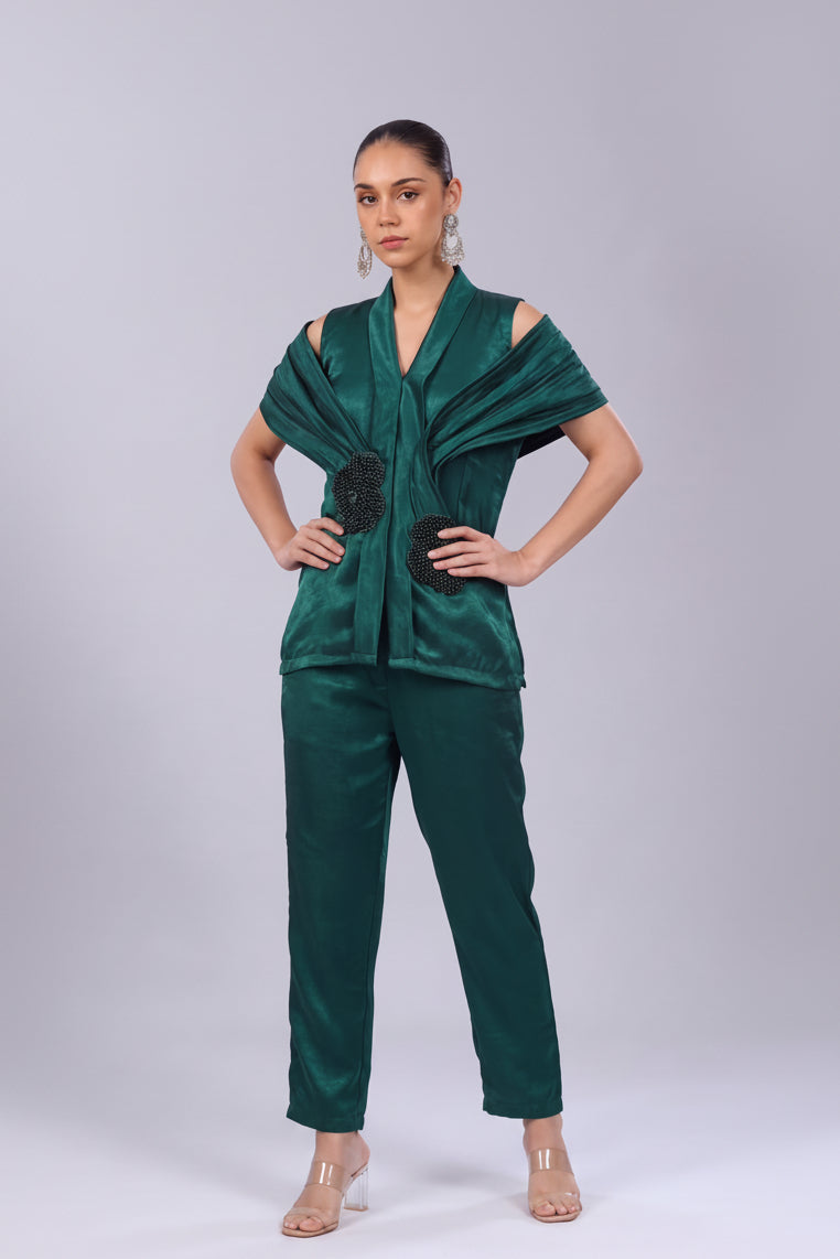 Emerald Green Embellished Premium Silk Co-Ord Set