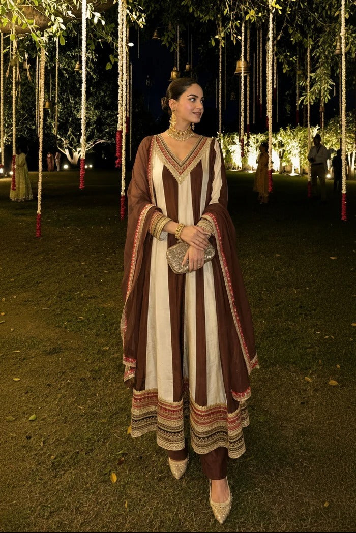 Chocolate Ivory Emebllished Pure Crepe Silk Anarkali Set