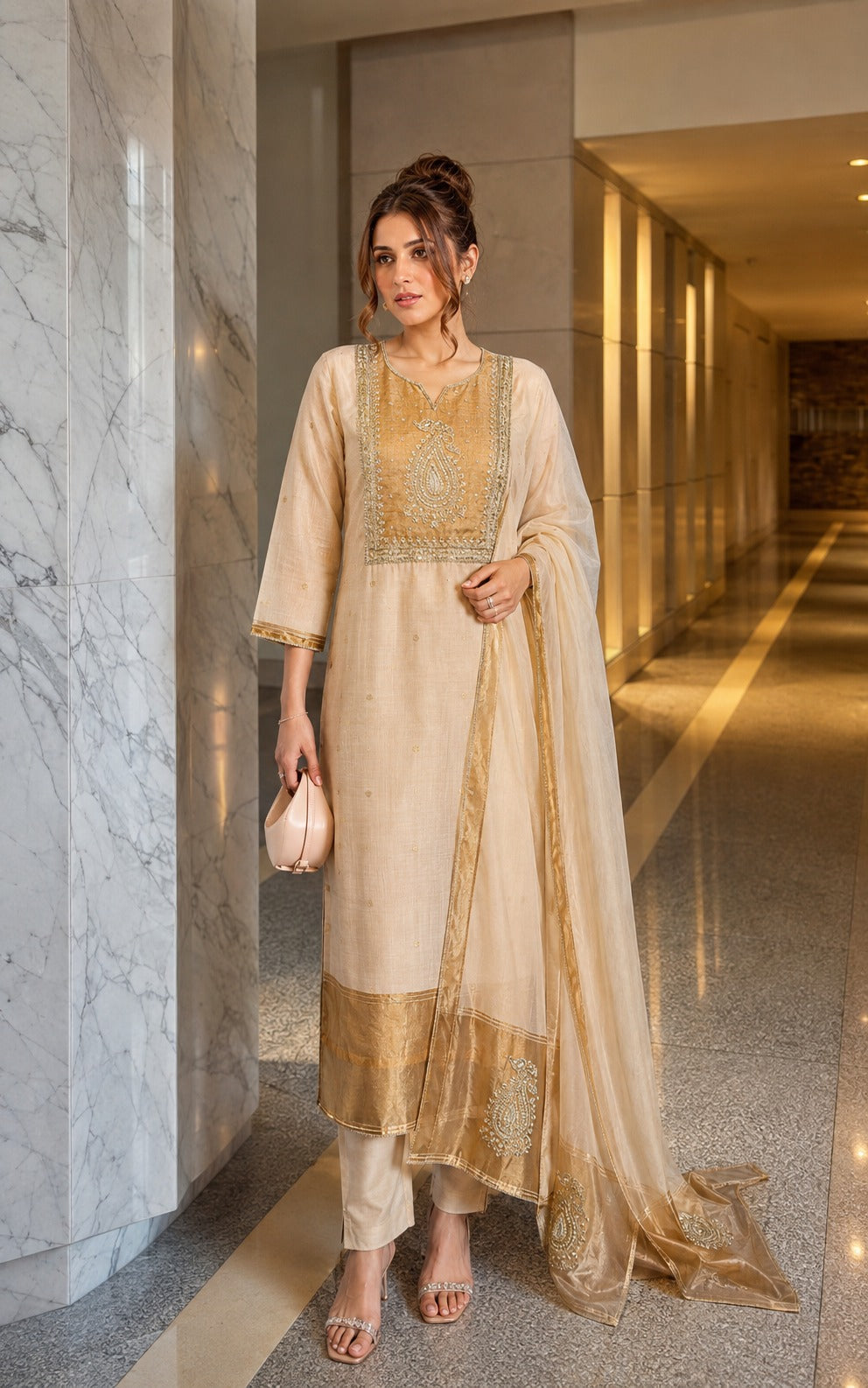 Warm Beige Embellished Chanderi Silk Pant Set