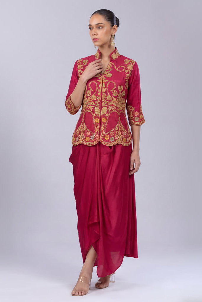 Fuchsia Pink Embellished Dola Silk Skirt Set
