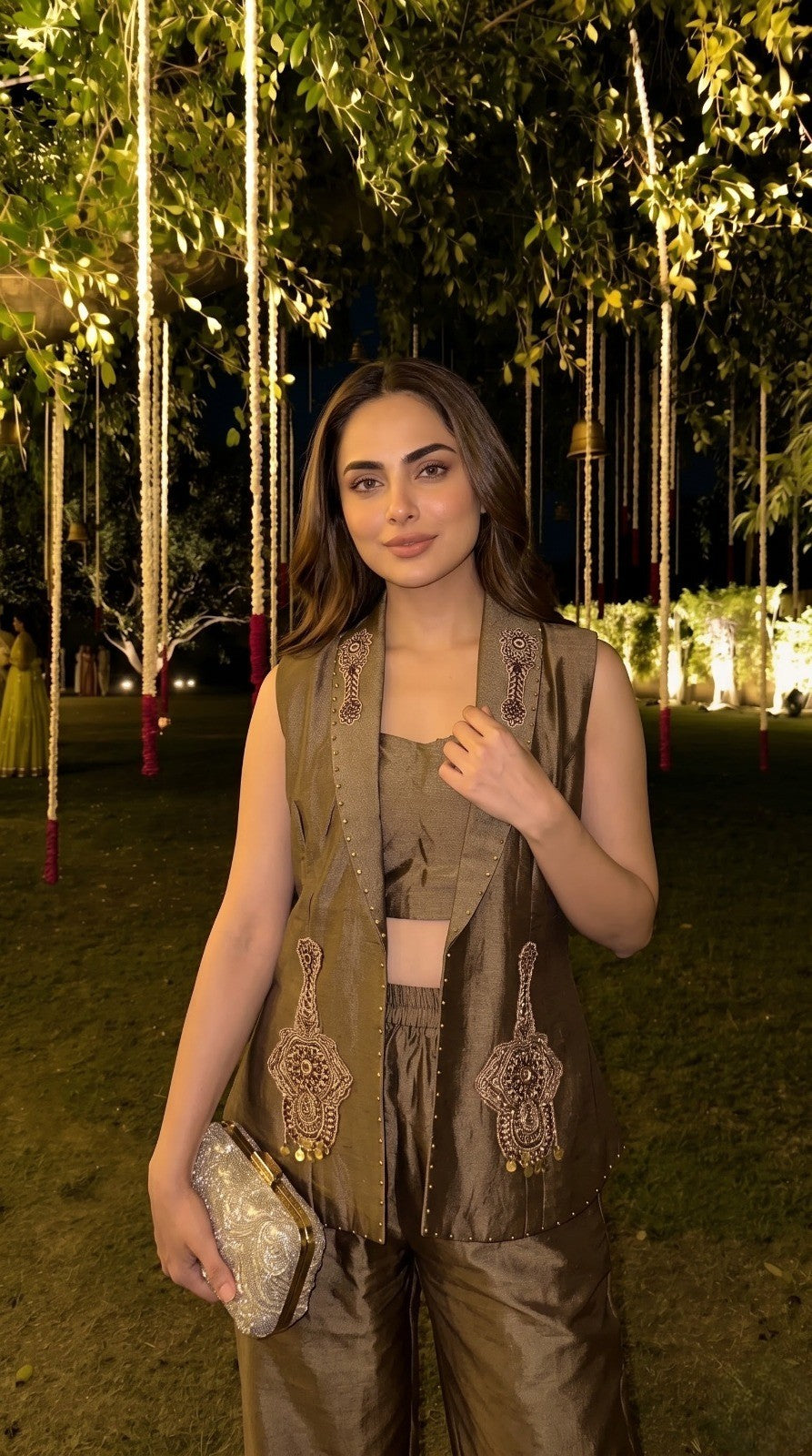 Olive Bronze Embellished Shimmer Tissue Silk Co-Ord Set