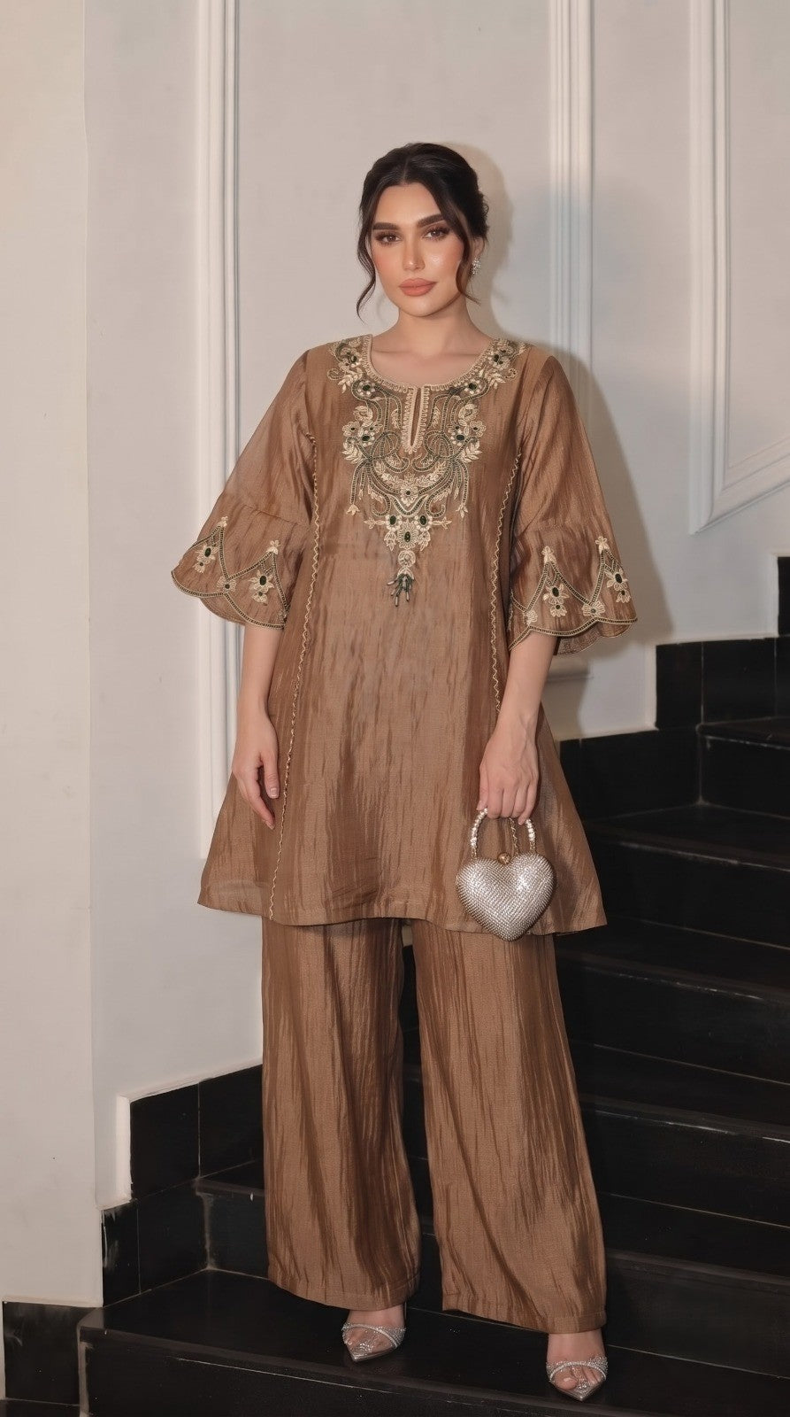 Mocha Champagne Embellished Tissue Silk Co-Ord Set