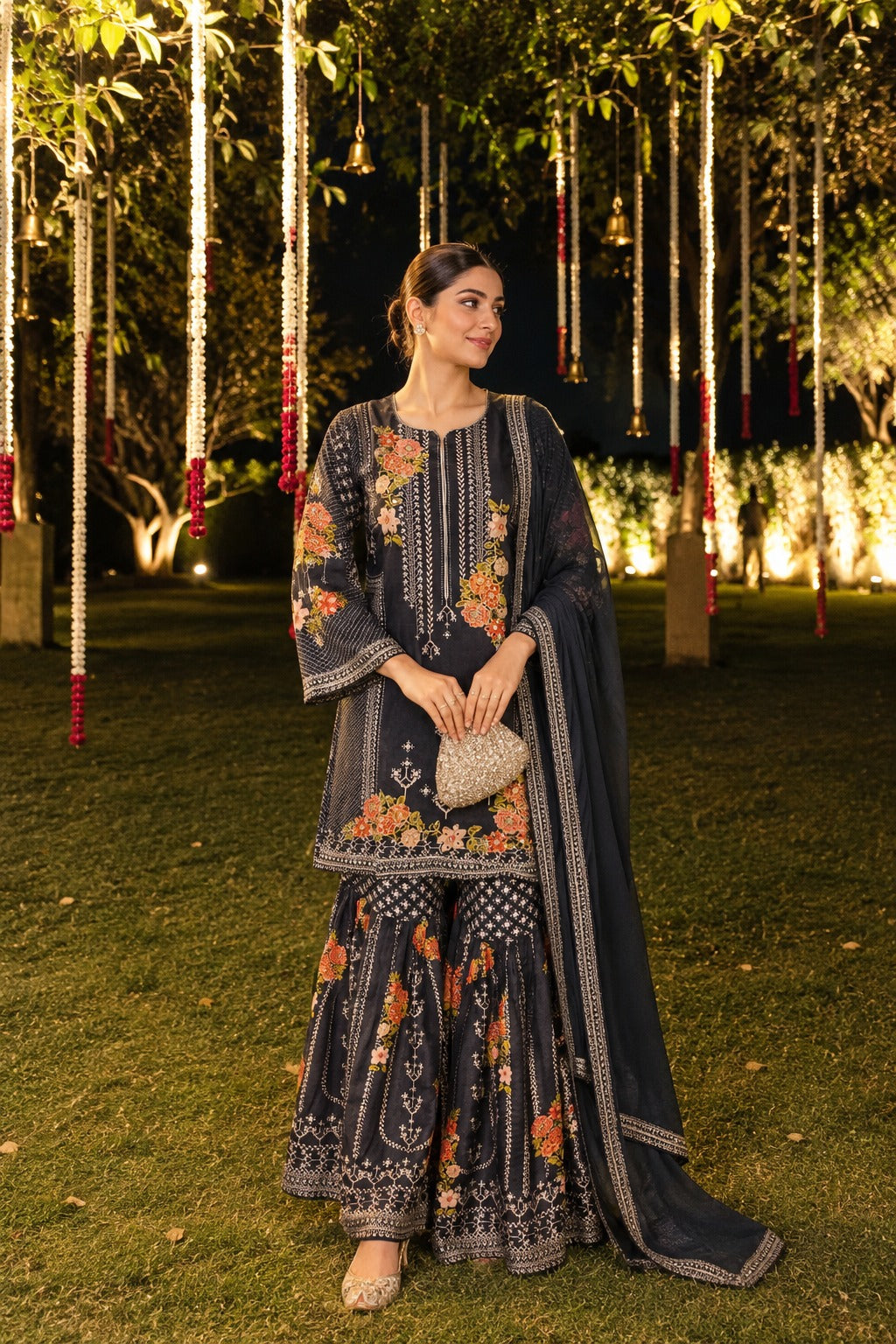 Midnight Black Embellished Crepe Silk Sharara Set