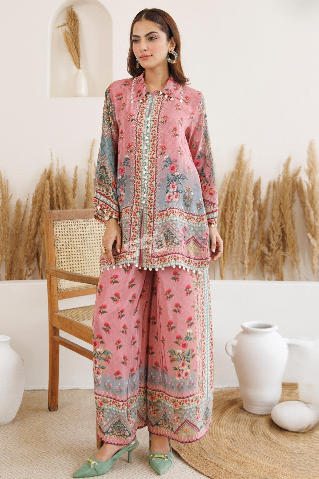 Soft Peach Printed Crepe Silk Palazzo Set
