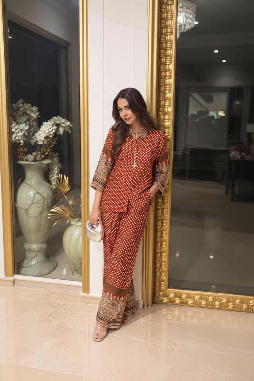 Rust Polka Printed Gajji Silk Co-Ord Set